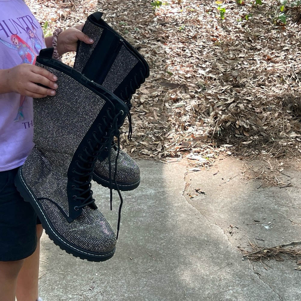Betsey Johnson Black & Silver Glitter Lace-Up Combat Boots